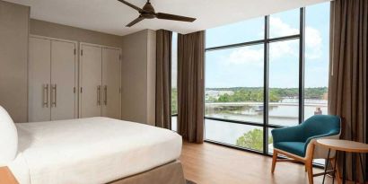 beautiful king room with water views at Homewood Suites by Hilton Wilmington Downtown.