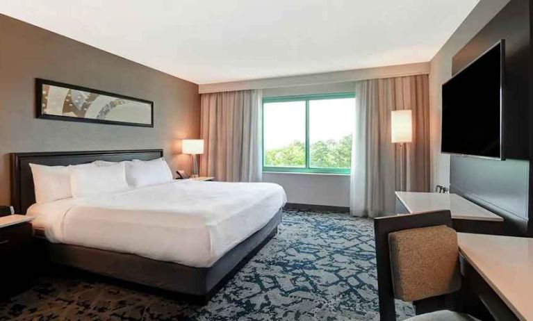 spacious king room with TV and work desk at Embassy Suites by Hilton Raleigh Durham Research Triangle.