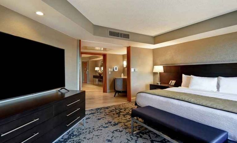 luxurious king suite with TV and lounge area at Embassy Suites by Hilton Raleigh Durham Research Triangle.