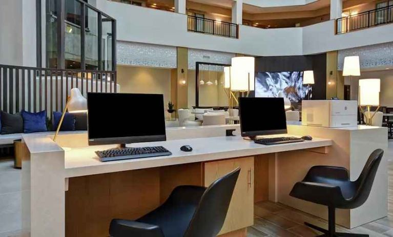 dedicated work station and business center with PC, work desk, internet, and printers at Embassy Suites by Hilton Raleigh Durham Research Triangle.