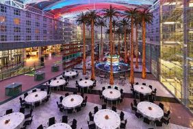 Spacious outdoor patio with palms at the Hilton Munich Airport.