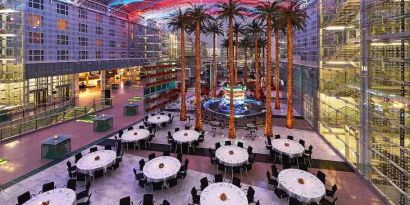 Spacious outdoor patio with palms at the Hilton Munich Airport.