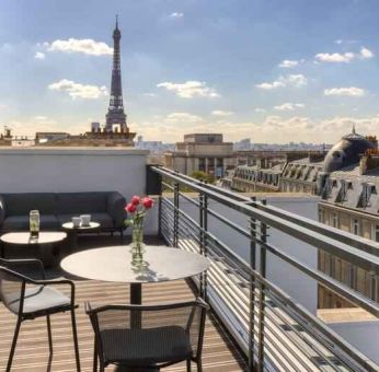 Hotel balcony overlooking the tour eiffel at the Canopy by Hilton Paris Trocadero.