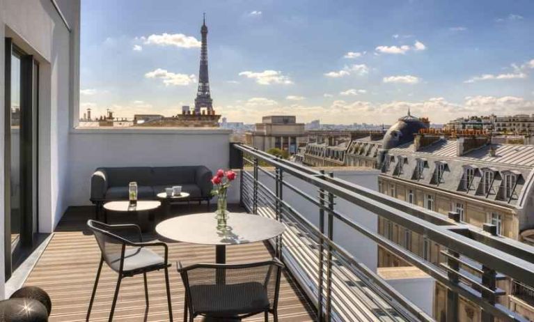 Hotel balcony overlooking the tour eiffel at the Canopy by Hilton Paris Trocadero.