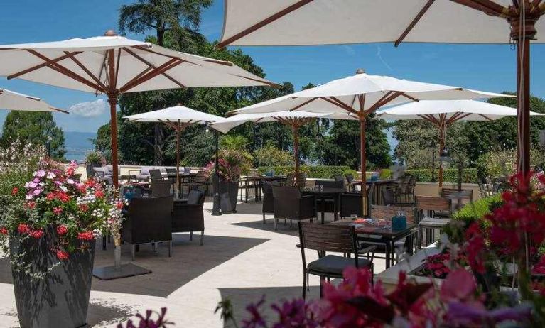 Outdoor patio perfect for co-working at the Hilton Evian-les-Bains.