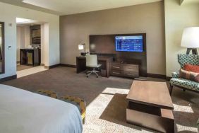 Working station in a hotel room at the Hilton Dallas Plano Granite Park.