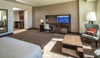 Working station in a hotel room at the Hilton Dallas Plano Granite Park.