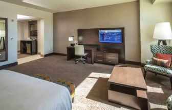 Working station in a hotel room at the Hilton Dallas Plano Granite Park.