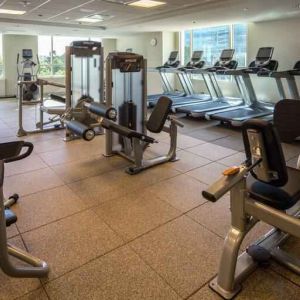 Fully equipped fitness center at the Hilton Dallas Plano Granite Park.