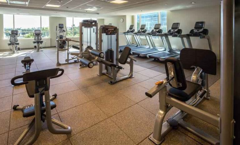 Fully equipped fitness center at the Hilton Dallas Plano Granite Park.