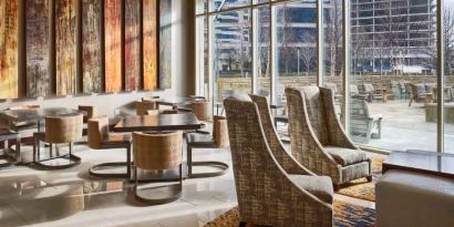 Stylish hotel workspace at the Hilton Dallas Plano Granite Park.