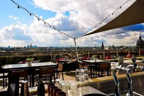 Beautiful outdoor terrace overlooking the city at the DoubleTree by Hilton Amsterdam Centraal Station.