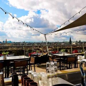 Beautiful outdoor terrace overlooking the city at the DoubleTree by Hilton Amsterdam Centraal Station.