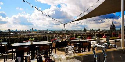 Beautiful outdoor terrace overlooking the city at the DoubleTree by Hilton Amsterdam Centraal Station.