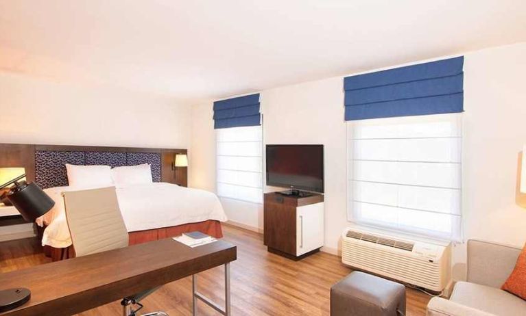 comfortable delux king room with work area ideal for working remotely at Hampton Inn & Suites by Hilton San Jose-Airport.