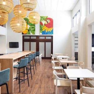 comfortable lobby and coworking space at Hampton Inn & Suites by Hilton San Jose-Airport.