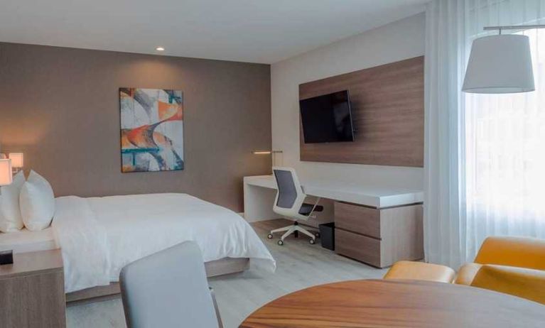 luxurious king suite with TV, work desk, and dining area at Hilton Garden Inn Santa Ana San Jose.