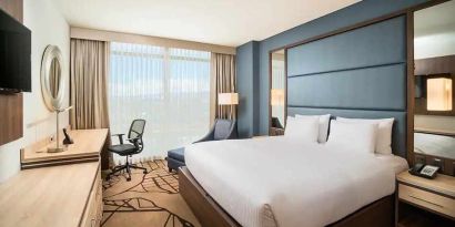 comfortable king room with TV, work desk, and natural light at Hilton Garden Inn Bogota Airport.