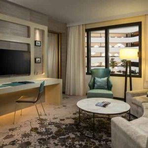 Comfortable living room suitable as workspace at the Hilton Amsterdam Airport Schiphol.