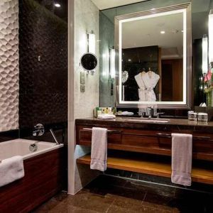 spacious king bathroom at Hilton Istanbul Bomonti Hotel & Conference Center.