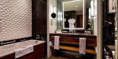 spacious king bathroom at Hilton Istanbul Bomonti Hotel & Conference Center.