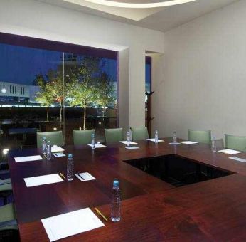 Meeting boardroom with square table at the Hilton Garden Inn Monterrey Airport, Nuevo Leon, Mexico.