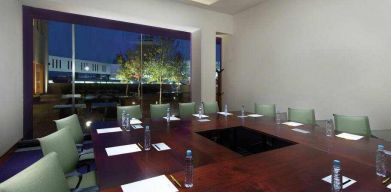 Meeting boardroom with square table at the Hilton Garden Inn Monterrey Airport, Nuevo Leon, Mexico.