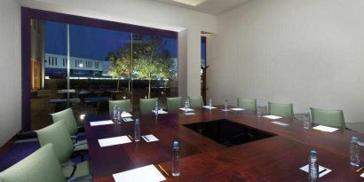 Meeting boardroom with square table at the Hilton Garden Inn Monterrey Airport, Nuevo Leon, Mexico.