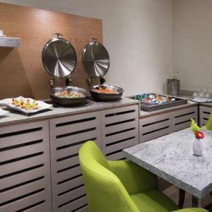 Dining area suitable as workspace at the Hilton Garden Inn Monterrey Airport, Nuevo Leon, Mexico.