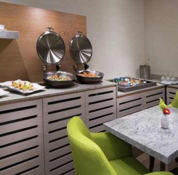 Dining area suitable as workspace at the Hilton Garden Inn Monterrey Airport, Nuevo Leon, Mexico.