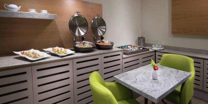 Dining area suitable as workspace at the Hilton Garden Inn Monterrey Airport, Nuevo Leon, Mexico.