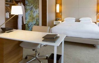 luxurious king suite with business desk ideal for working remotely at Hilton Barcelona.