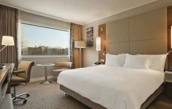 spacious king room with TV and work desk at Hilton Barcelona.