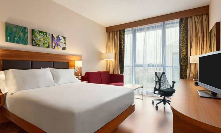 comfortable king bed with work desk, TV, and large windows at Hilton Garden Inn Sevilla.