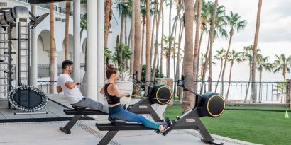 Outdoor fitness center overlooking the garden at the Hilton Los Cabos Beach & Golf Resort.