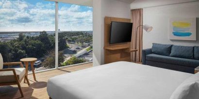 Queen room with view at the Hilton Garden Inn Cancun Airport.