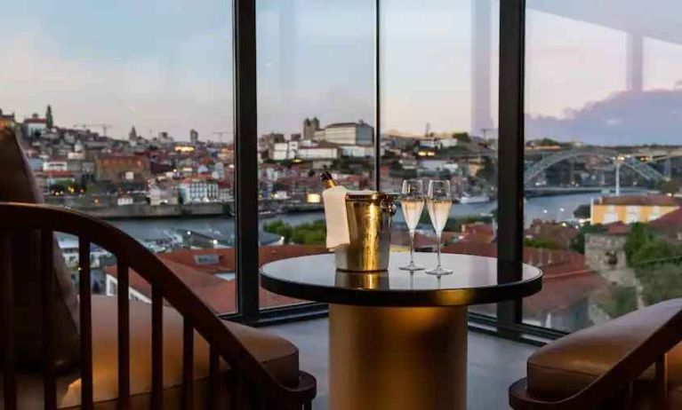 Seating area overlooking the city at the Hilton Porto Gaia.