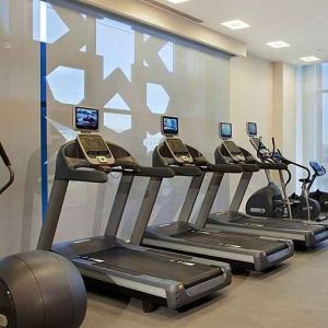 well equipped fitness center with treadmills, step machines, and weights at Hilton Garden Inn Konya, Turkey.