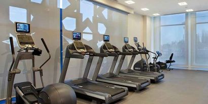 well equipped fitness center with treadmills, step machines, and weights at Hilton Garden Inn Konya, Turkey.