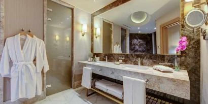 spacious and clean bathroom and shower at Mersin HiltonSA.