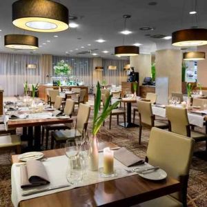 Dining area perfect as workspace at the Hilton Garden Inn Krakow.