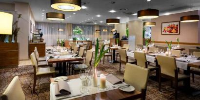 Dining area perfect as workspace at the Hilton Garden Inn Krakow.