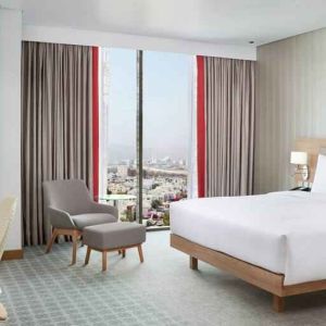 King superior room with desk at the Hilton Garden Inn Muscat Al Khuwair.