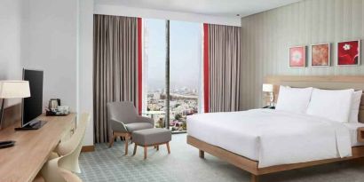 King superior room with desk at the Hilton Garden Inn Muscat Al Khuwair.