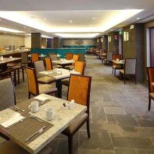 Restaurant area perfect as workspace at the Hilton Garden Inn Muscat Al Khuwair.