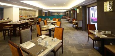 Restaurant area perfect as workspace at the Hilton Garden Inn Muscat Al Khuwair.