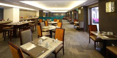 Restaurant area perfect as workspace at the Hilton Garden Inn Muscat Al Khuwair.