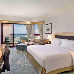 King bedroom with working station at the Jeddah Hilton.