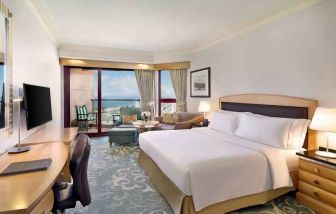 King bedroom with working station at the Jeddah Hilton.