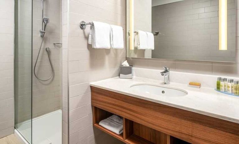 clean and spacious bathroom with shower at Hilton Garden Inn Bucharest Old Town.